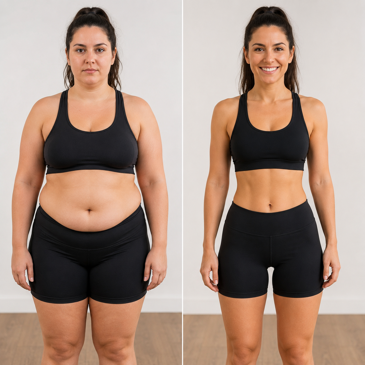 Antes e depois ilustrativo de emagrecimento feminino