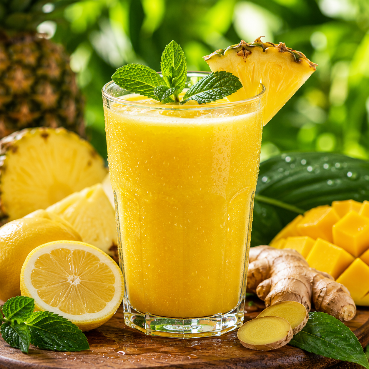 Suco detox amarelo com abacaxi, manga, limão e gengibre