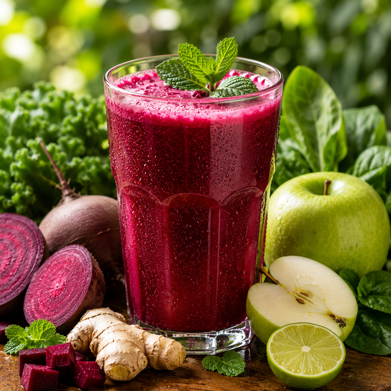 Suco detox rosa com beterraba, maçã e limão