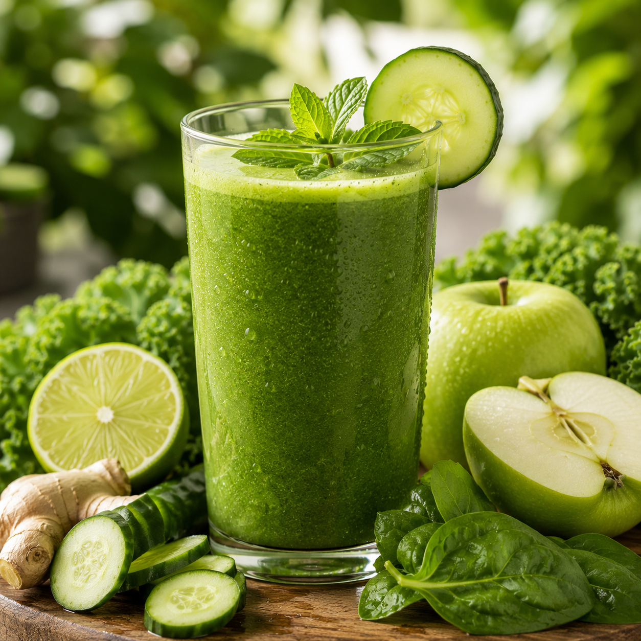 Suco detox verde com limão, pepino, maçã e folhas