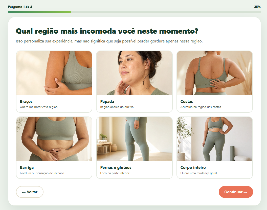 Questionário da trilha personalizada com opções de braços, papada, costas, barriga, pernas e corpo inteiro